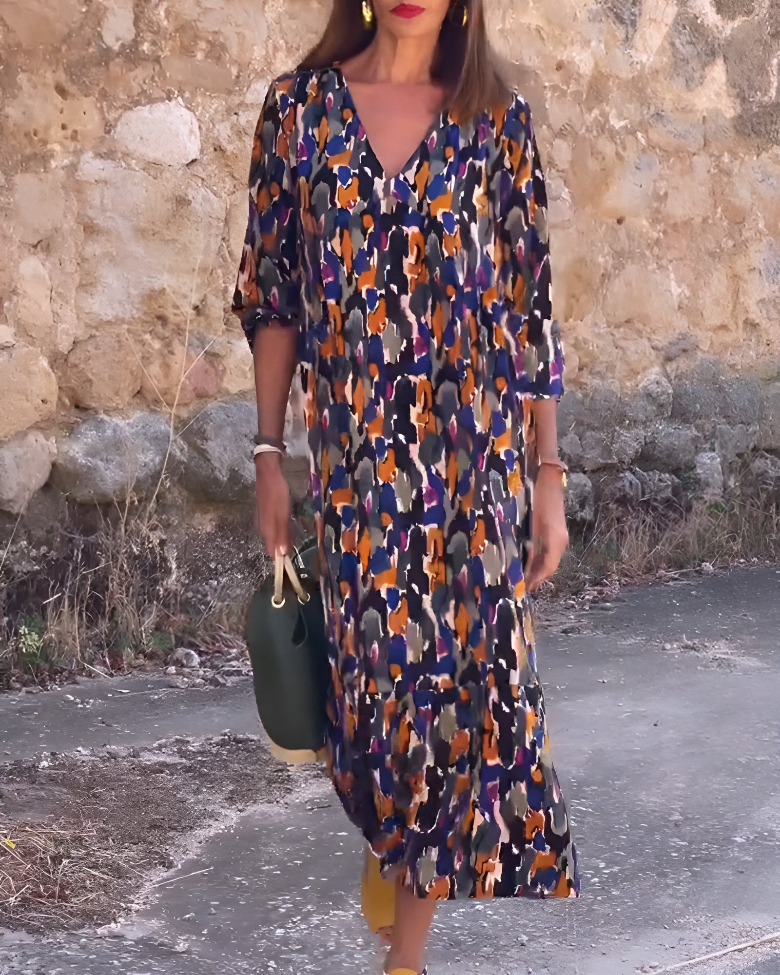 Elance™ | Vintage Print V-Neck Dress